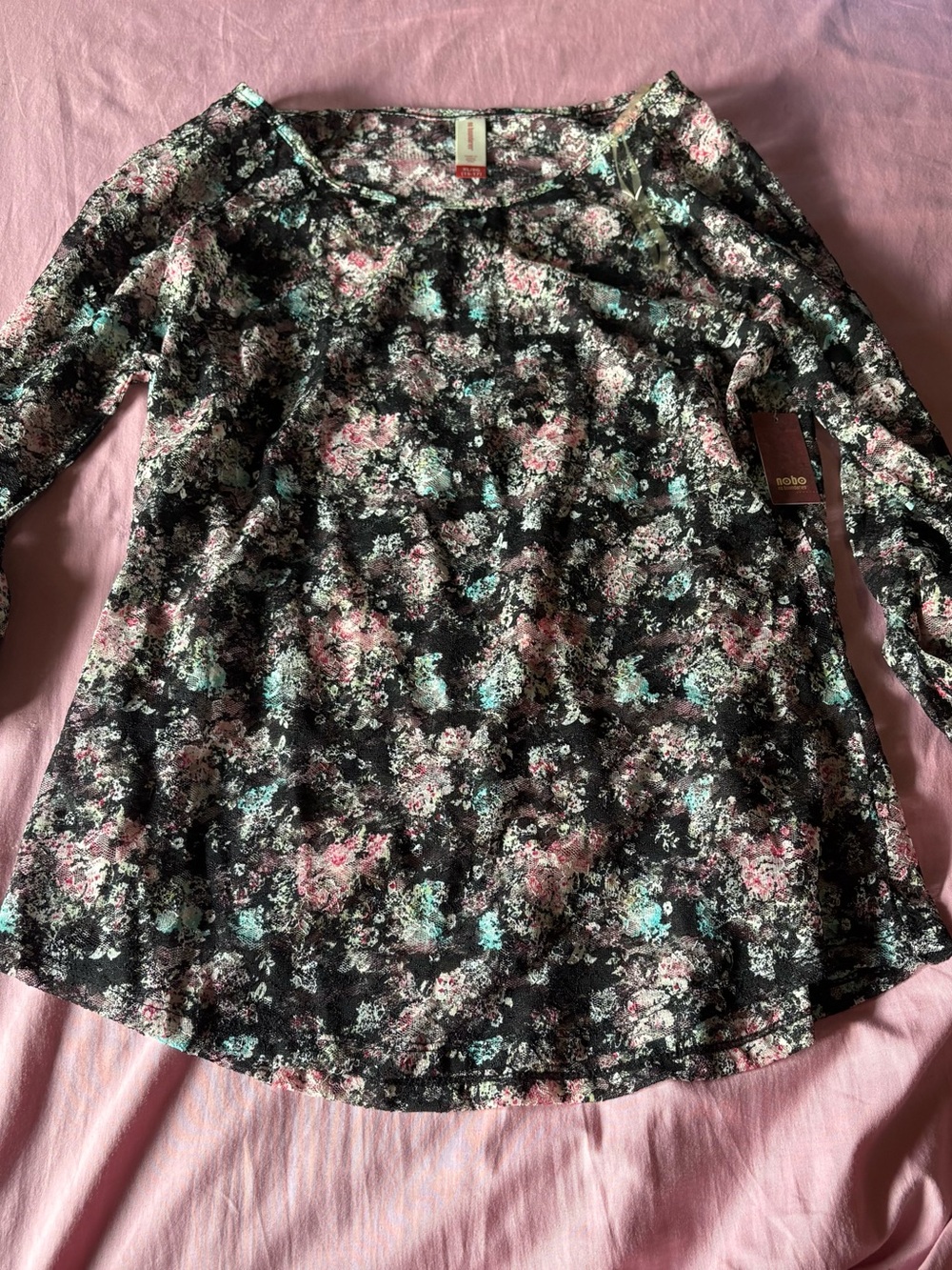 No Boundaries Black Floral Long-Sleeve Blouse with Pink & Teal